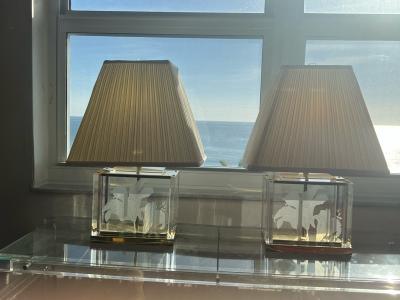 T Raymond EXCEPTIONAL PAIR OF ART DECO REVIVAL ETCHED TIGER LILIES LAMPS BY T RAYMOND