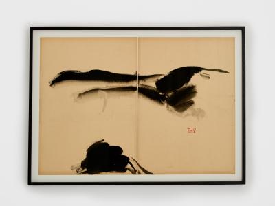 T ang Haywen signed diptych ink on beige paper 1970