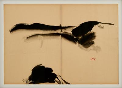 T ang Haywen signed diptych ink on beige paper 1970