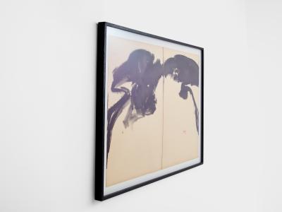 T ang Haywen signed diptych ink on beige paper 1972