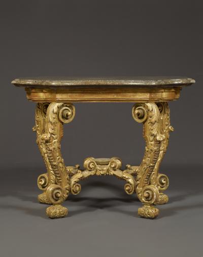 THE GIEBELSTADT TABLES AN IMPOSING PAIR OF LATE BAROQUE GILTWOOD CONSOLE