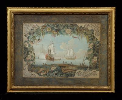 THOMAS ROBINS THE ELDER AN EXQUISITE SET OF FOUR GOUACHE WATERCOLOR AND GILT HIGHLIGHTED SEASCAPES