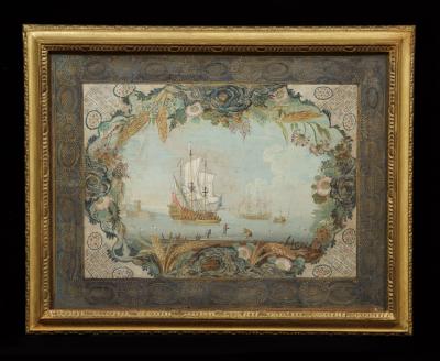 THOMAS ROBINS THE ELDER AN EXQUISITE SET OF FOUR GOUACHE WATERCOLOR AND GILT HIGHLIGHTED SEASCAPES