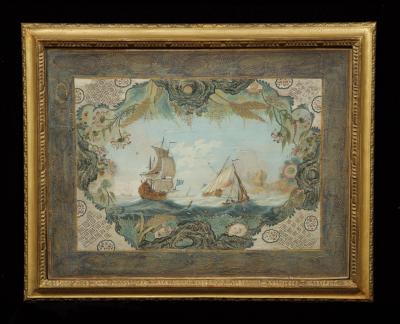 THOMAS ROBINS THE ELDER AN EXQUISITE SET OF FOUR GOUACHE WATERCOLOR AND GILT HIGHLIGHTED SEASCAPES