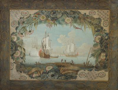 THOMAS ROBINS THE ELDER AN EXQUISITE SET OF FOUR GOUACHE WATERCOLOR AND GILT HIGHLIGHTED SEASCAPES