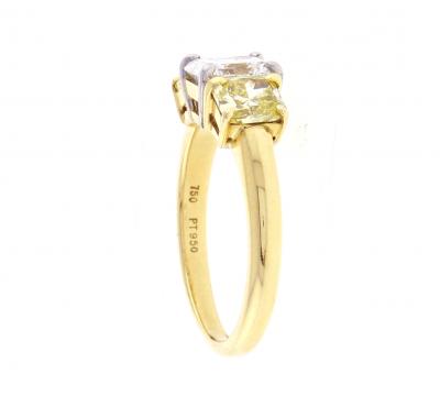 THREE STONE RADIANT WHITE AND YELLOW DIAMOND RING