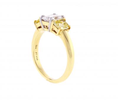 THREE STONE RADIANT WHITE AND YELLOW DIAMOND RING