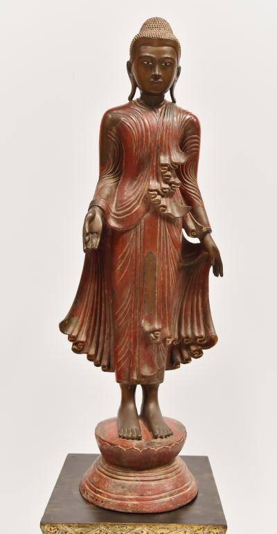 TIBETAN STANDING BUDDA FIGURE Bronze with Gilt Jewelled Inlaid Base