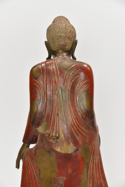 TIBETAN STANDING BUDDA FIGURE Bronze with Gilt Jewelled Inlaid Base