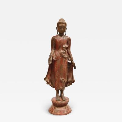 TIBETAN STANDING BUDDA FIGURE Bronze with Gilt Jewelled Inlaid Base
