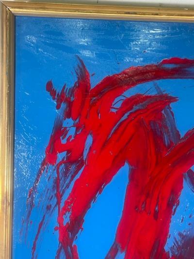 TOM PULGINI MODERN LARGE BRIGHT BLUE AND RED ABSTRACT PAINTING BY PULGINI