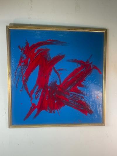 TOM PULGINI MODERN LARGE BRIGHT BLUE AND RED ABSTRACT PAINTING BY PULGINI