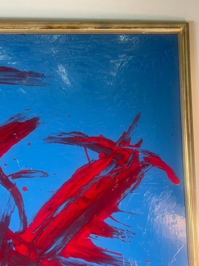 TOM PULGINI MODERN LARGE BRIGHT BLUE AND RED ABSTRACT PAINTING BY PULGINI