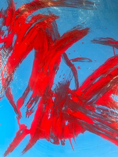 TOM PULGINI MODERN LARGE BRIGHT BLUE AND RED ABSTRACT PAINTING BY PULGINI