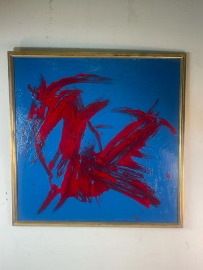 TOM PULGINI MODERN LARGE BRIGHT BLUE AND RED ABSTRACT PAINTING BY PULGINI