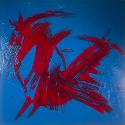 TOM PULGINI MODERN LARGE BRIGHT BLUE AND RED ABSTRACT PAINTING BY PULGINI