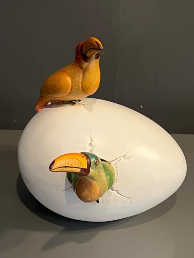 TOUCANS HATCHING OUT OF EGG SCULPTURE BY HECTOR GONZALEZ