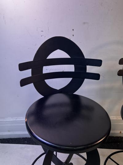 TRIO OF BLACK METAL AND WOOD POST MODERN BAR STOOLS