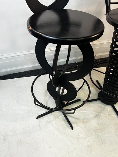 TRIO OF BLACK METAL AND WOOD POST MODERN BAR STOOLS
