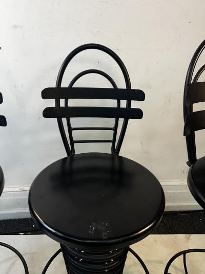TRIO OF BLACK METAL AND WOOD POST MODERN BAR STOOLS