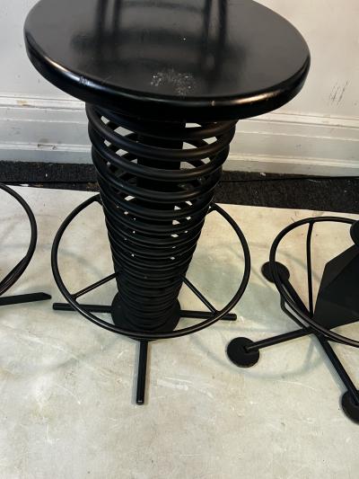 TRIO OF BLACK METAL AND WOOD POST MODERN BAR STOOLS