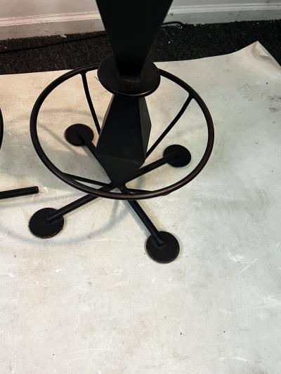 TRIO OF BLACK METAL AND WOOD POST MODERN BAR STOOLS