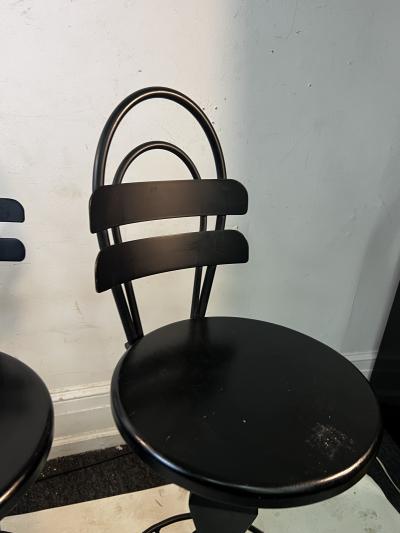 TRIO OF BLACK METAL AND WOOD POST MODERN BAR STOOLS