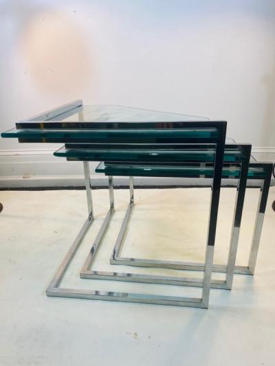 TRIO OF MODERN CHROME AND GLASS NESTING TABLES
