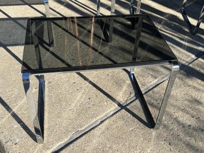 TRIO OF MODERN ITALIAN CHROME BAND AND SMOKY GLASS NESTING TABLES