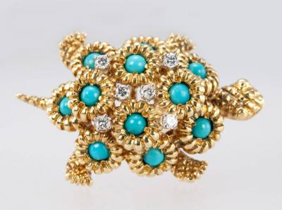 TURTLE BROOCH WITH TURQUOISE AND DIAMONDS