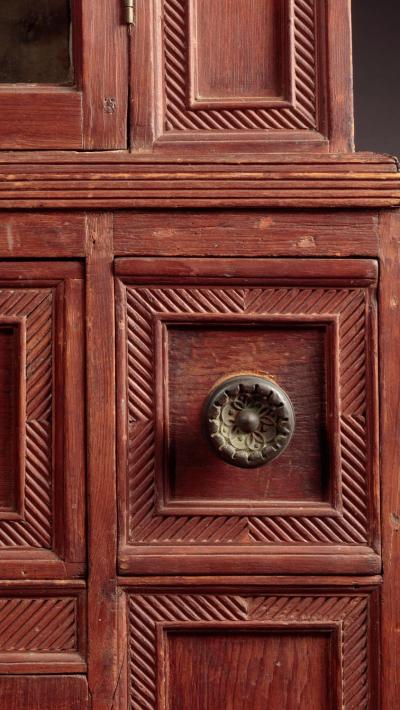 TWO PART RED PAINTED BERGEN COUNTY CUPBOARD