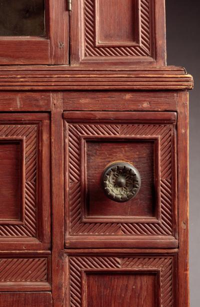 TWO PART RED PAINTED BERGEN COUNTY CUPBOARD