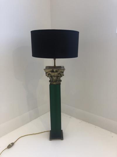 Table Lamp 19th Century Carved Wood Capital Mounted on Green Lucite