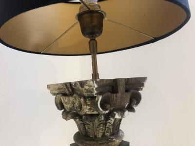 Table Lamp 19th Century Carved Wood Capital Mounted on Green Lucite