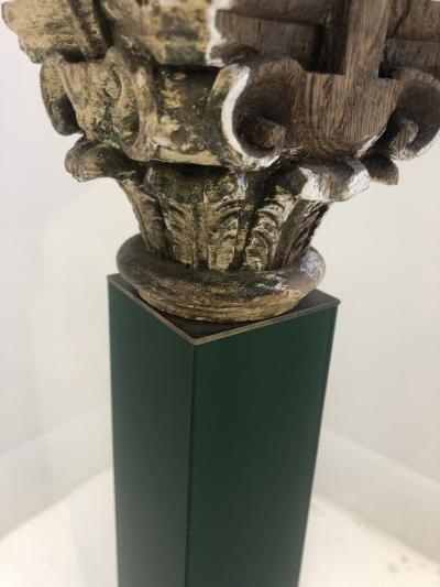 Table Lamp 19th Century Carved Wood Capital Mounted on Green Lucite