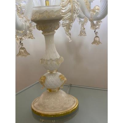 Table Lamp 5 Arms Murano Glass in White and Gold