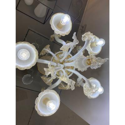 Table Lamp 5 Arms Murano Glass in White and Gold