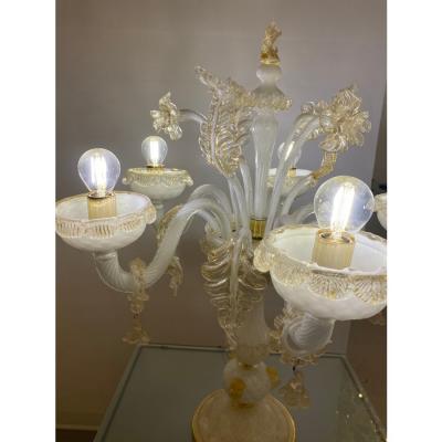 Table Lamp 5 Arms Murano Glass in White and Gold