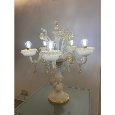 Table Lamp 5 Arms Murano Glass in White and Gold