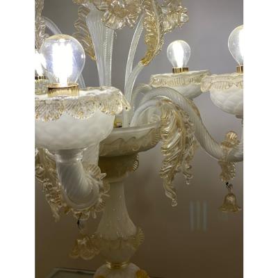 Table Lamp 5 Arms Murano Glass in White and Gold