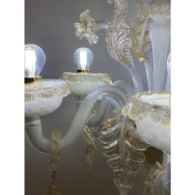 Table Lamp 5 Arms Murano Glass in White and Gold