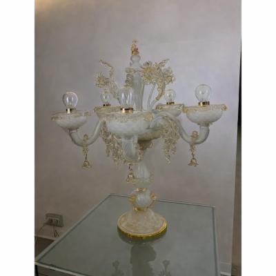 Table Lamp 5 Arms Murano Glass in White and Gold
