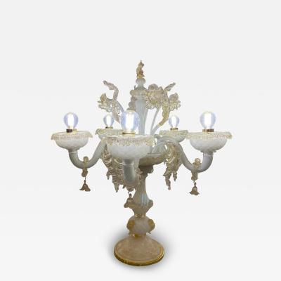 Table Lamp 5 Arms Murano Glass in White and Gold