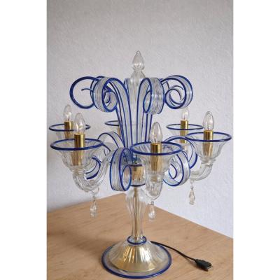 Table Lamp Murano Glass 5 Arms in Clear and Blue