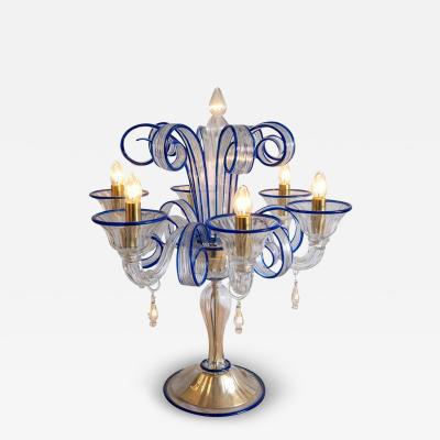 Table Lamp Murano Glass 5 Arms in Clear and Blue