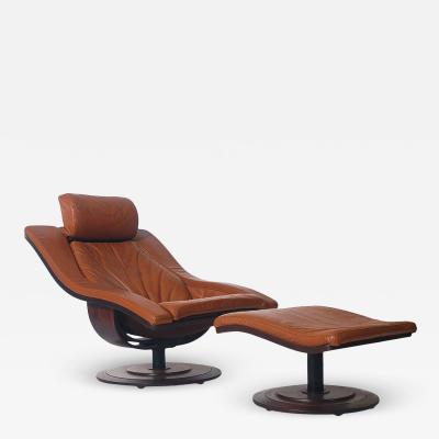 Takashi Okamura Mid Century Danish Modern Rosewood Leather Swivel Lounge Chair Ottoman Set