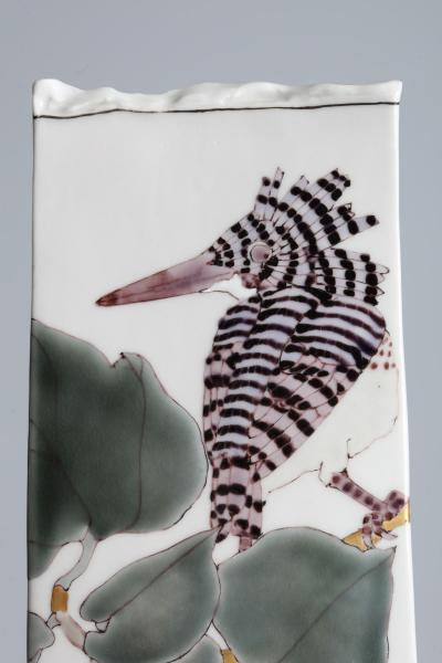 Takegoshi Jun Rectangular Vase with Crested Kingfishers ca 2000