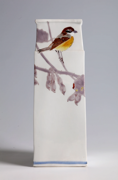 Takegoshi Jun Square Vase with Bull Headed Shrikes on Tree Branches ca 2000