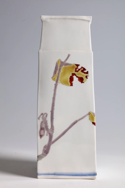 Takegoshi Jun Square Vase with Bull Headed Shrikes on Tree Branches ca 2000