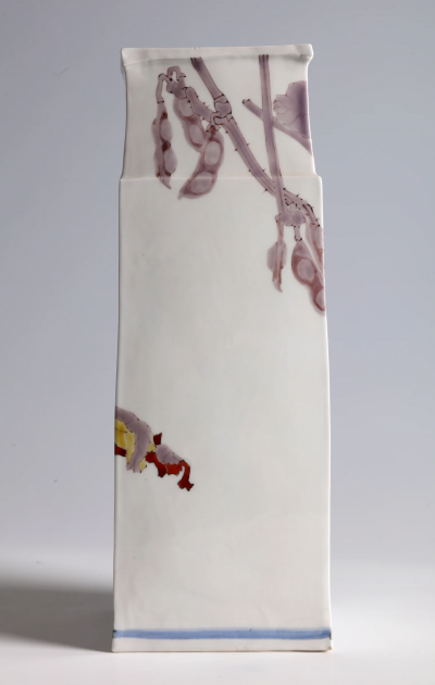 Takegoshi Jun Square Vase with Bull Headed Shrikes on Tree Branches ca 2000